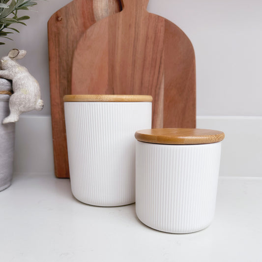 Ribbed Ceramic Canister with Bamboo Lid