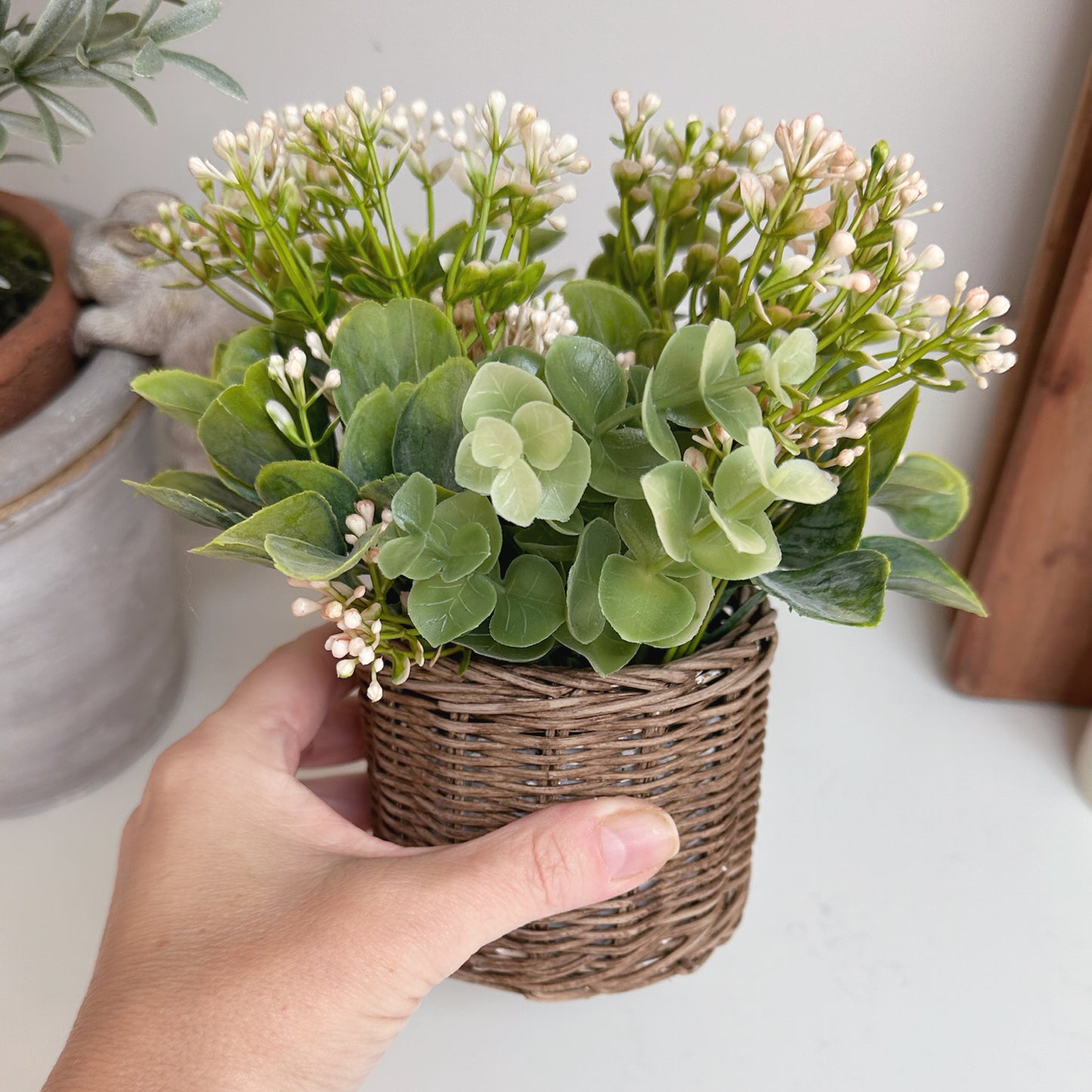 Babysbreath & Eucalyptus in Wicker Basket