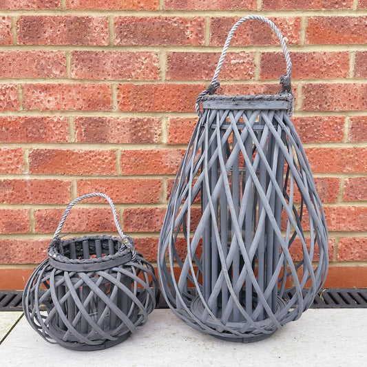 Large Grey Wicker Bulbous Lantern