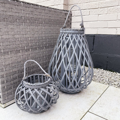 Large Grey Wicker Bulbous Lantern