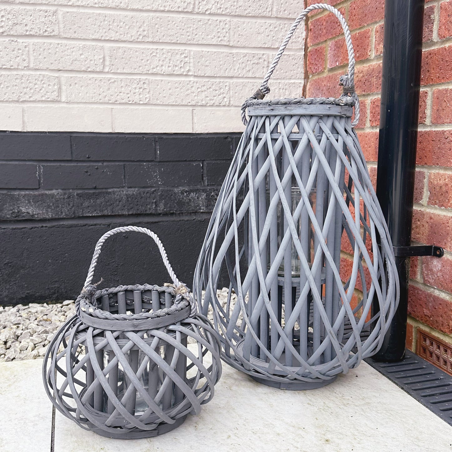 Large Grey Wicker Bulbous Lantern