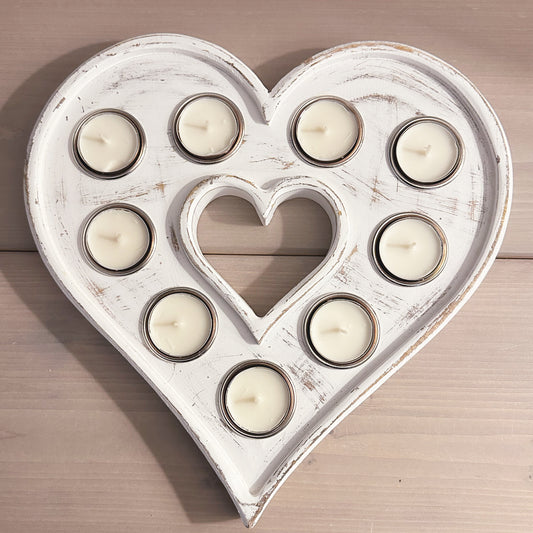 Distressed White Heart Tea-light Holder